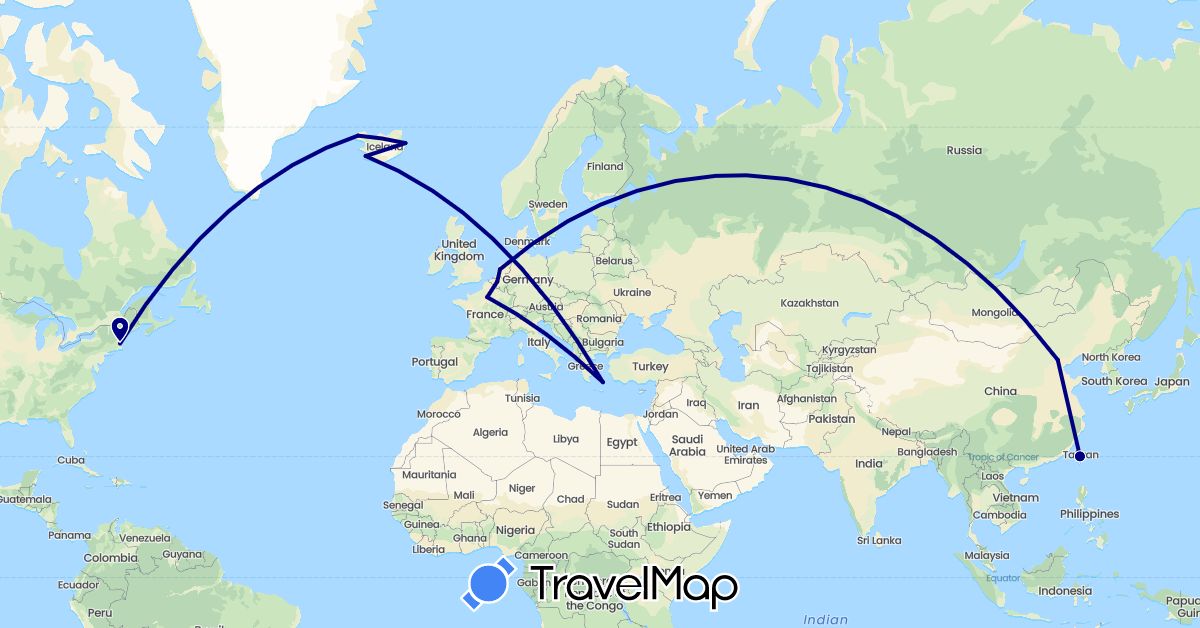 TravelMap itinerary: driving in Belgium, China, France, Greece, Iceland, Netherlands, Taiwan, United States (Asia, Europe, North America)